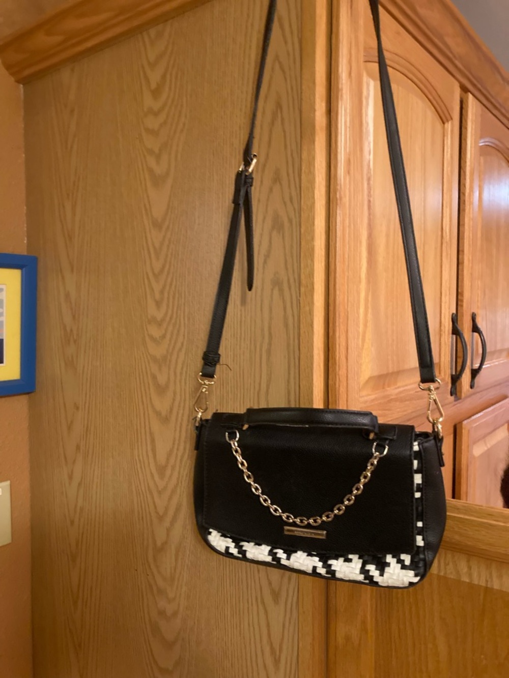 Anne Klein Black Crossbody with Gold Chain and Houndstooth Accent